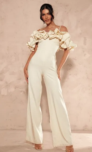 Cream Satin Ruffle Bardot Strappy Jumpsuit