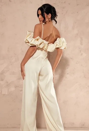 Cream Satin Ruffle Bardot Strappy Jumpsuit