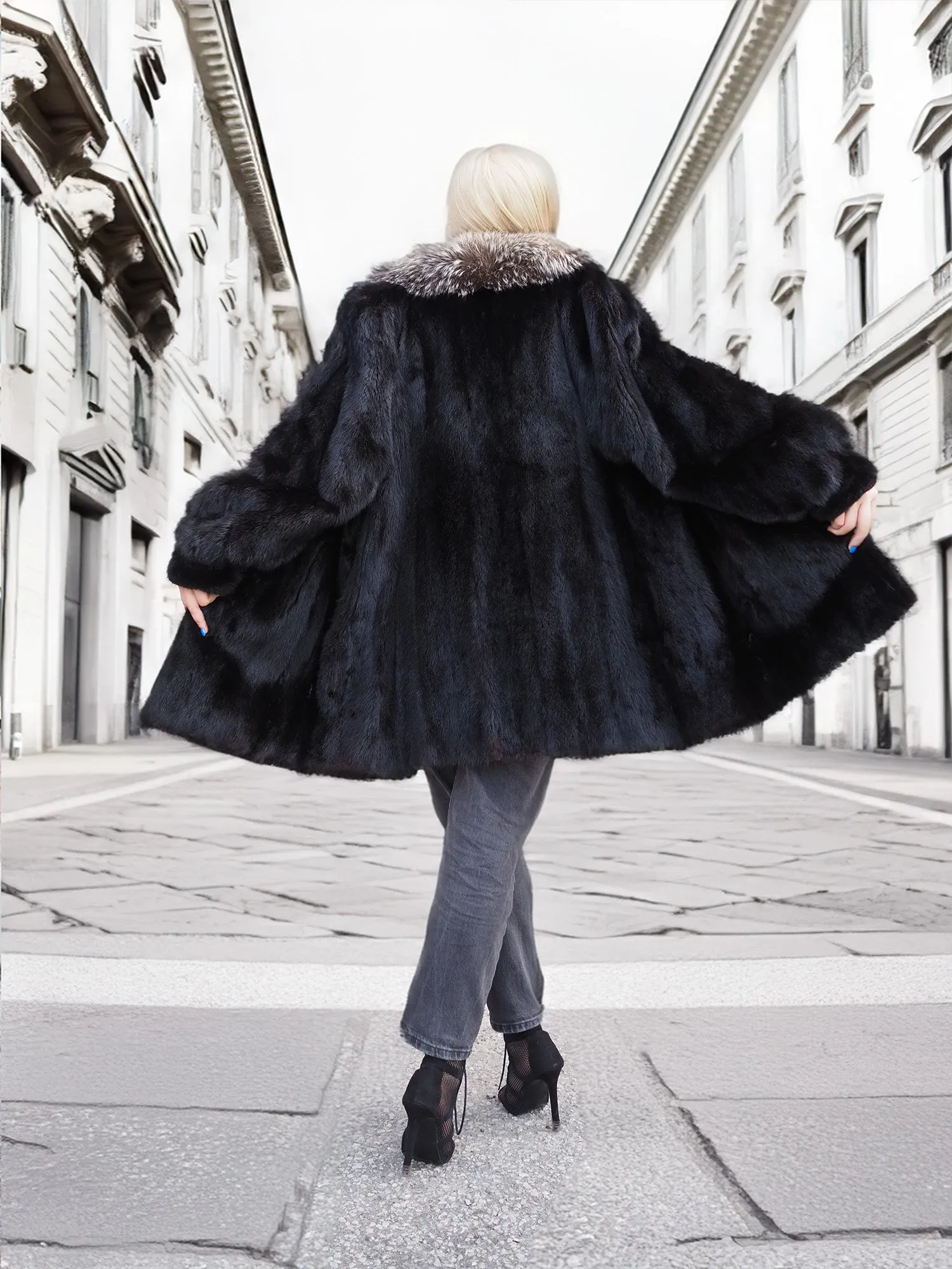 Dark Ranch Black Mink Fur Jacket Coat Indigo Fox Collar M