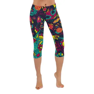 Day of the Dead Colourful Sugar Cat Skull Women's Low Rise Capri Leggings (Invisible Stitch)