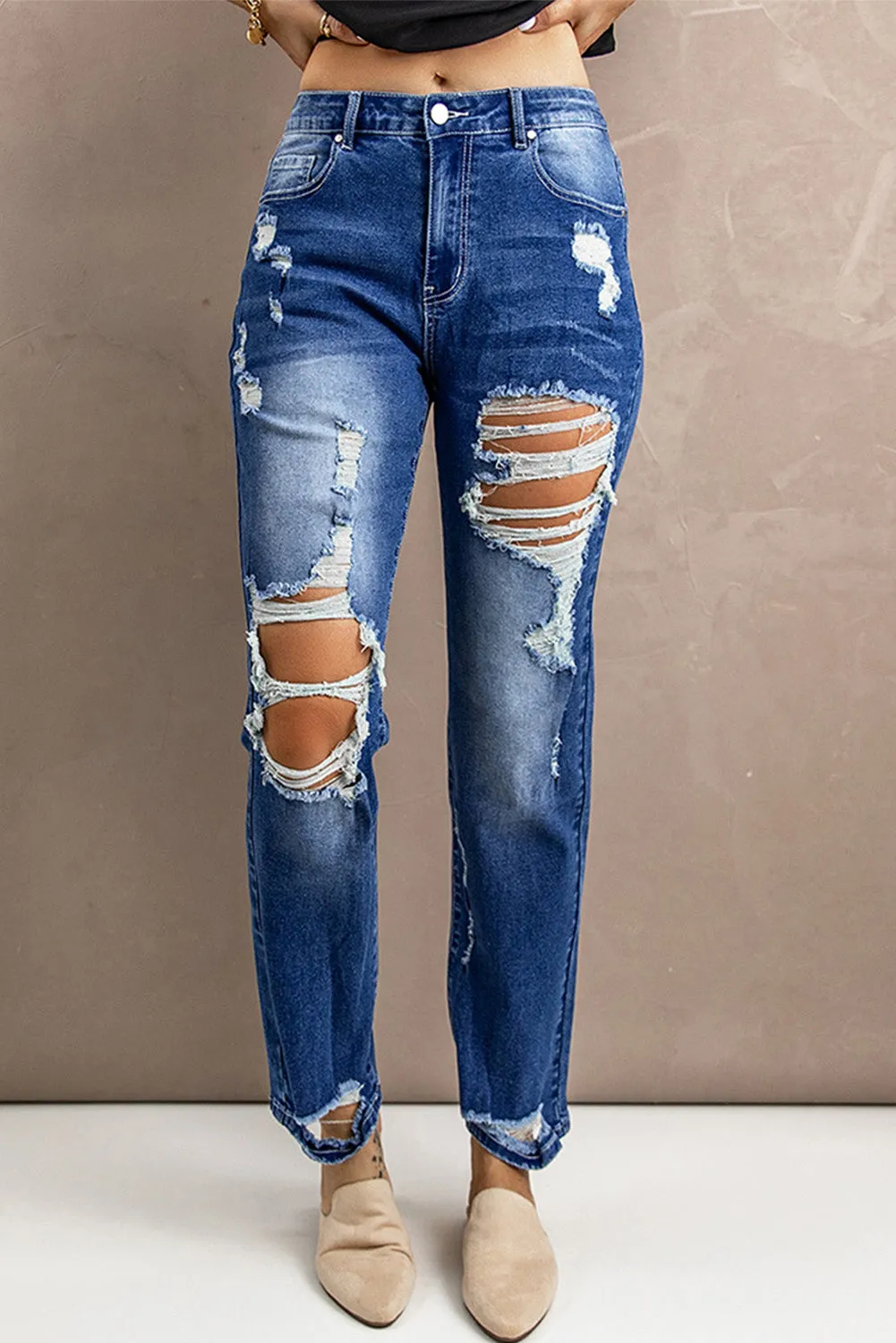 Distressed High-Rise Jeans with Pockets