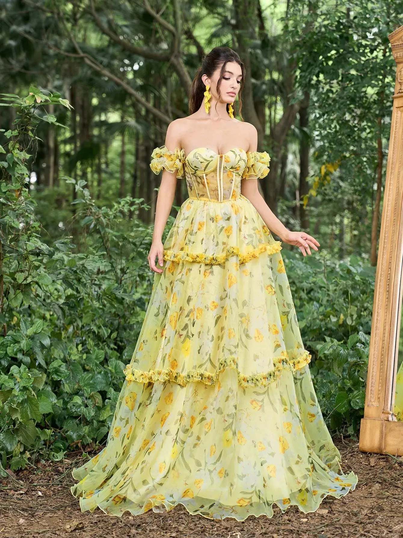 Elegant Ruffle Trim Off Shoulder Floral Tulle Prom Dress