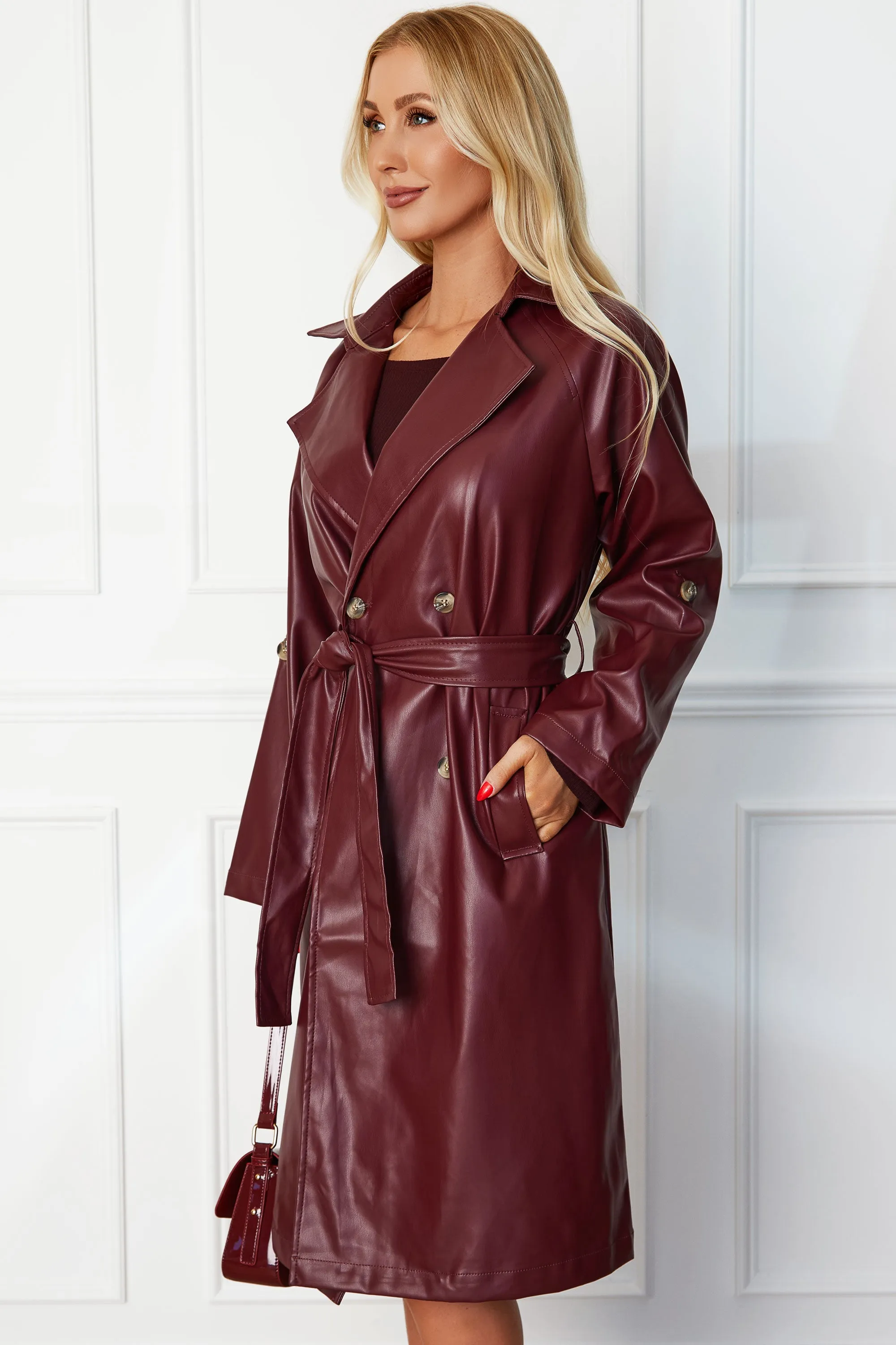 Elsa Wine Vegan Leather Trench Coat