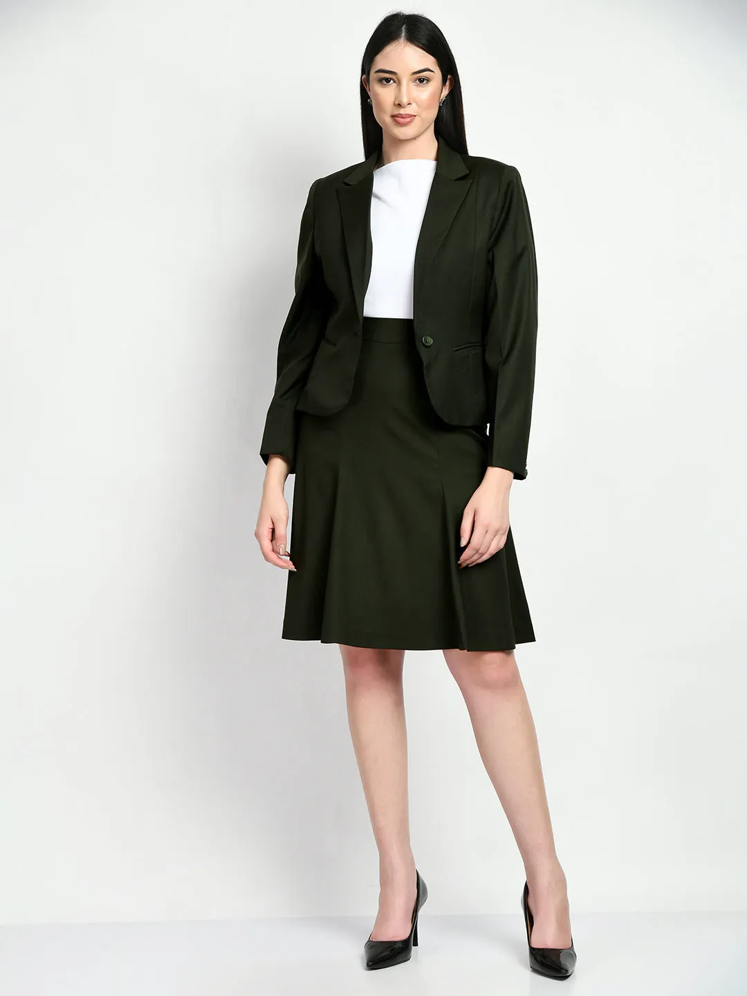 Exude Innovation Solid Short Blazer A-line Skirt Suit (Olive)