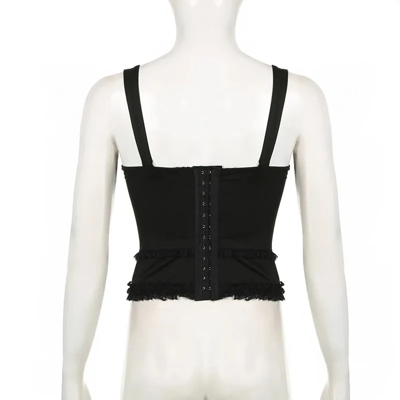 Fashion Chic Frill Black Corset Top Camisole Bow Buttons Lace Spliced Ruched Sexy Party Tops Sleeveless French Tanks