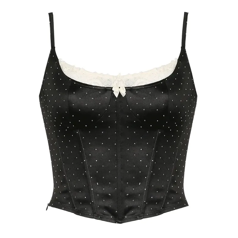 Fashion Chic Strap Corset Sexy Tops Camisole Mini Elegant Lace Patched Dot Bow Party Crop Top Female Korean Style New