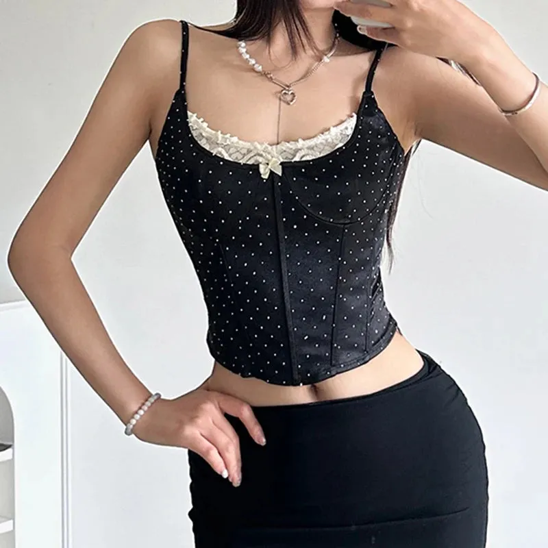 Fashion Chic Strap Corset Sexy Tops Camisole Mini Elegant Lace Patched Dot Bow Party Crop Top Female Korean Style New