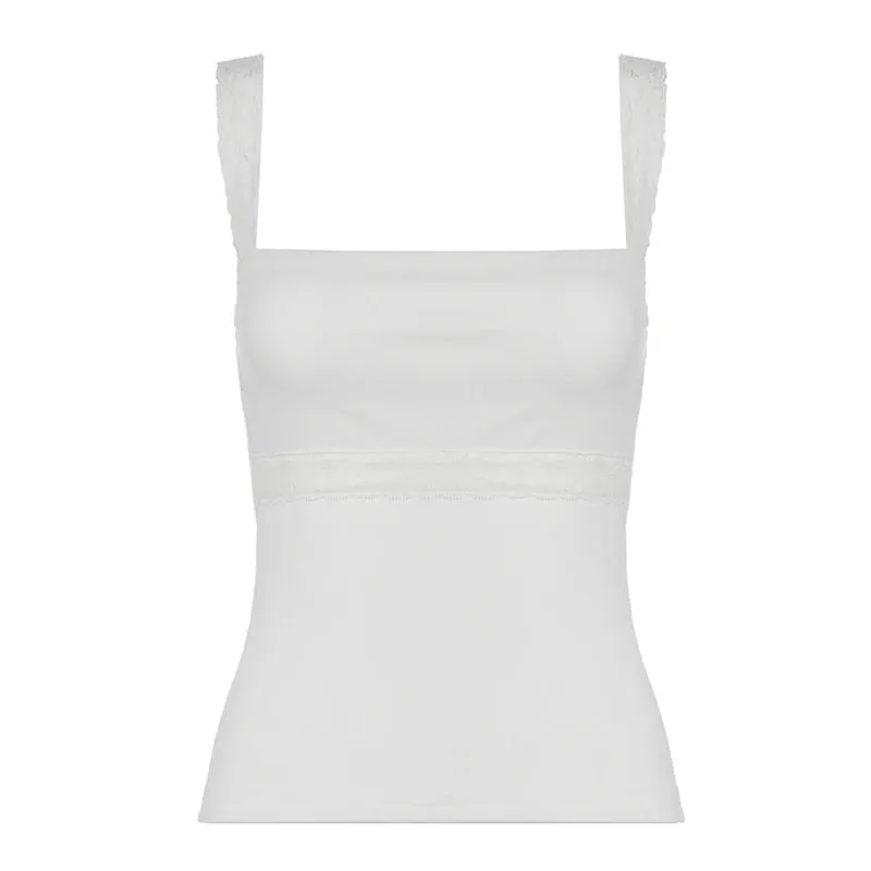 Fashion Chic White Fitness Summer Tank Top Camisole Korean Style Y2K Lace Spliced Basic Sexy Cropped Tops Girls Party