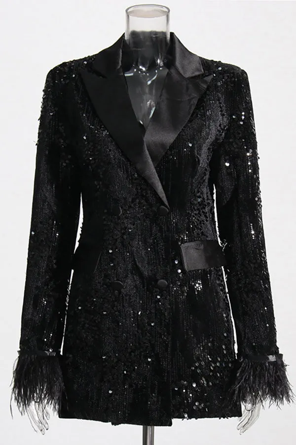 Fashion Sequin Fuzzy Trim Double Breasted Blazer