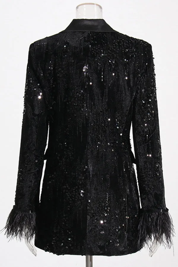 Fashion Sequin Fuzzy Trim Double Breasted Blazer