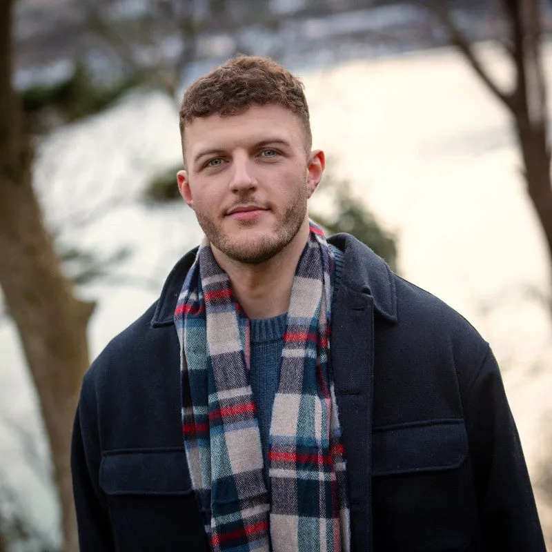 Fine Merino Scarf - Navy, Red and Biscuit Check - John Hanly