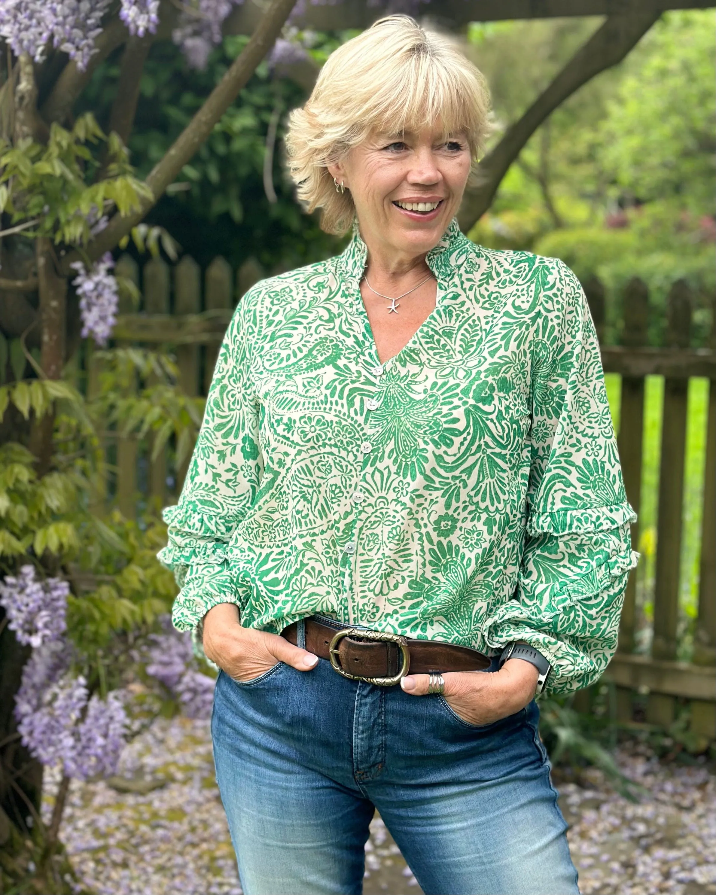 Flower Print Spanish Sleeve Blouse - Emerald Green