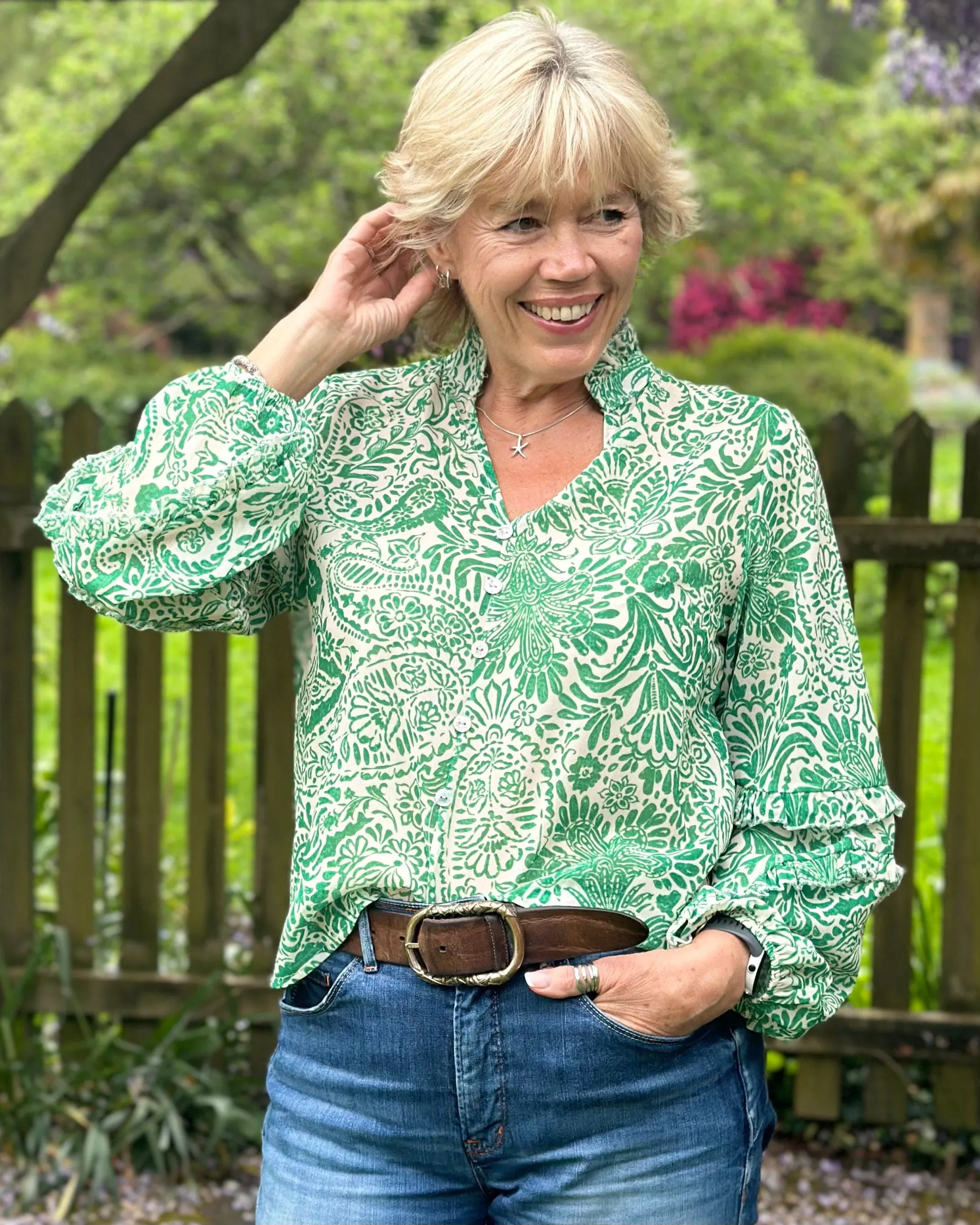 Flower Print Spanish Sleeve Blouse - Emerald Green