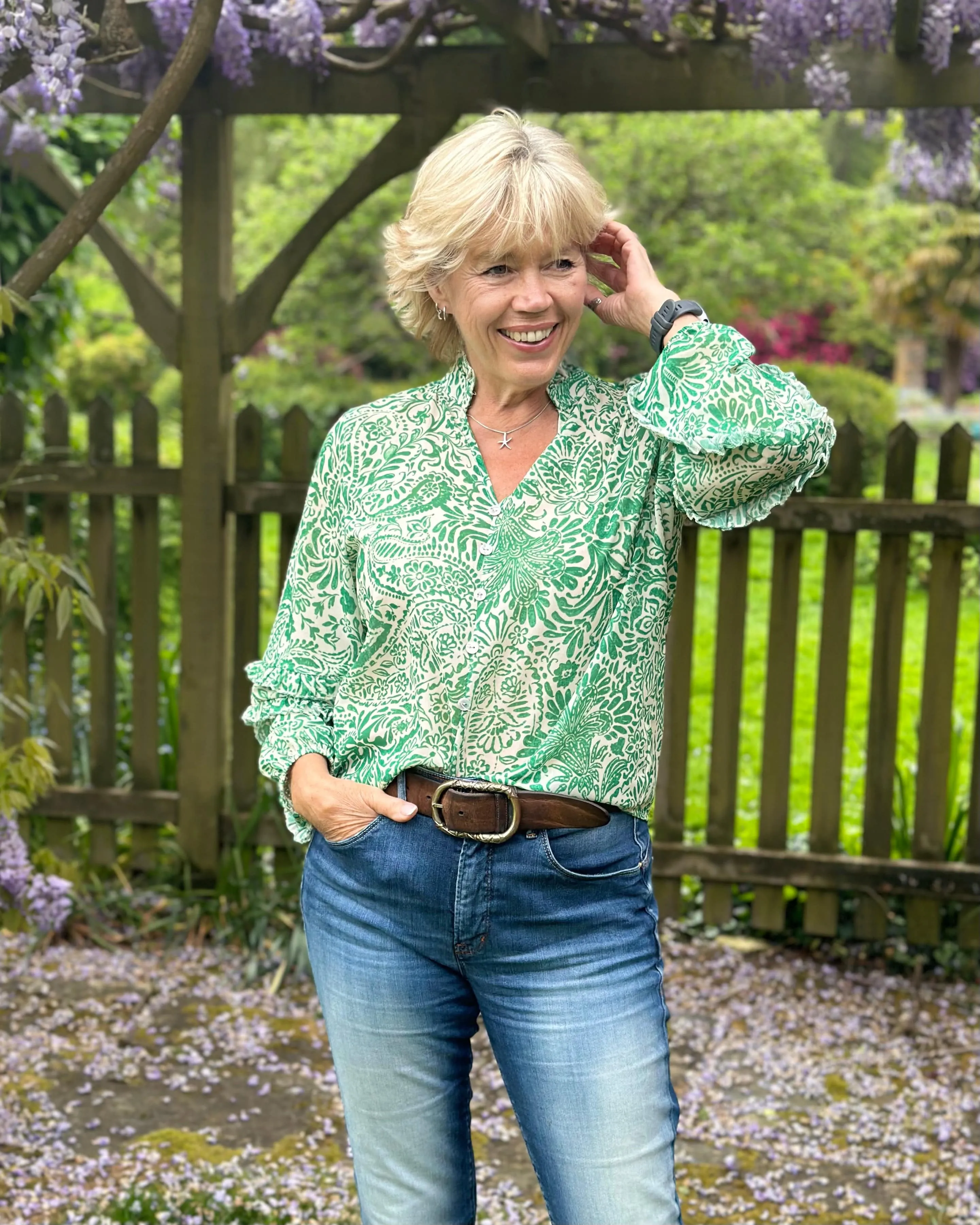 Flower Print Spanish Sleeve Blouse - Emerald Green