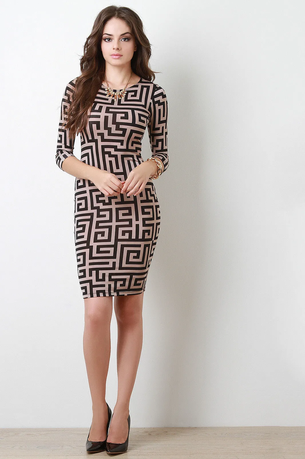 Fret Pattern Bodycon Midi Dress