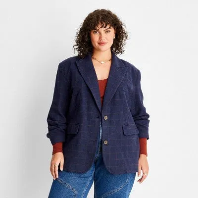 Future Collective With Reese Women's Button Up Wool Check Blazer Jacket Preppy