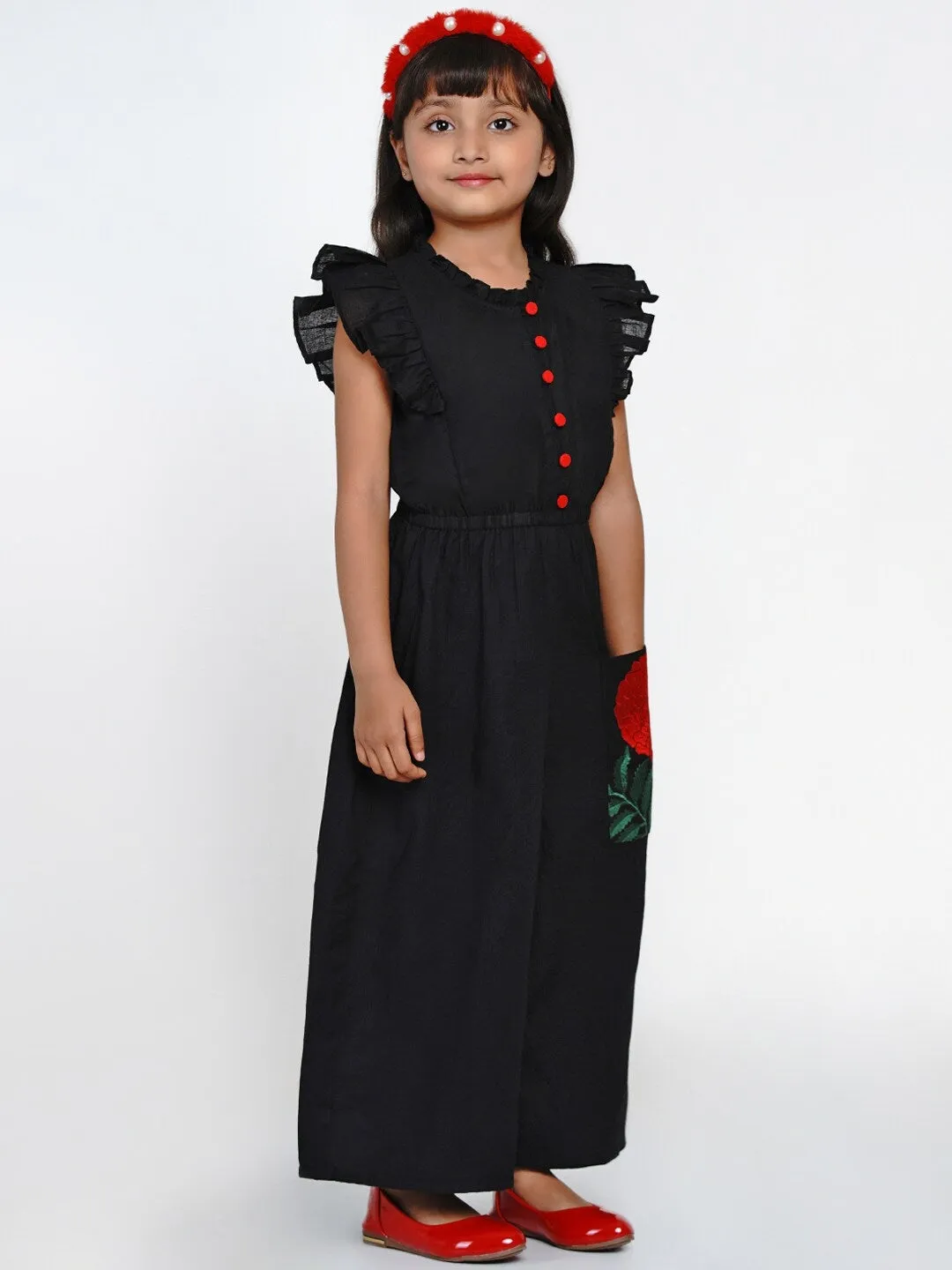 Girl's Black & Red Solid Basic Jumpsuit - NOZ2TOZ KIDS