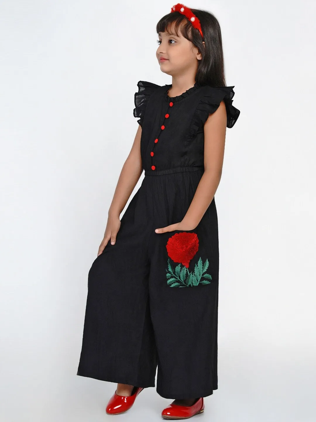 Girl's Black & Red Solid Basic Jumpsuit - NOZ2TOZ KIDS