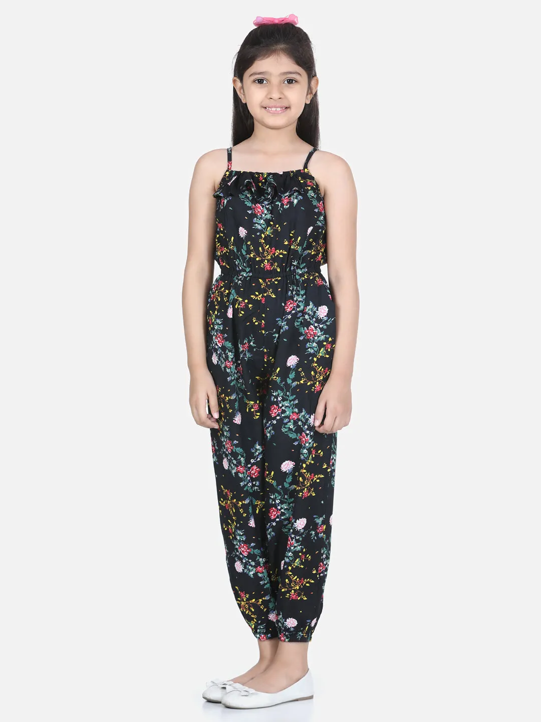 Girl's Flamingo Printed Jumpsuit With Pink Belt - StyleStone Kid