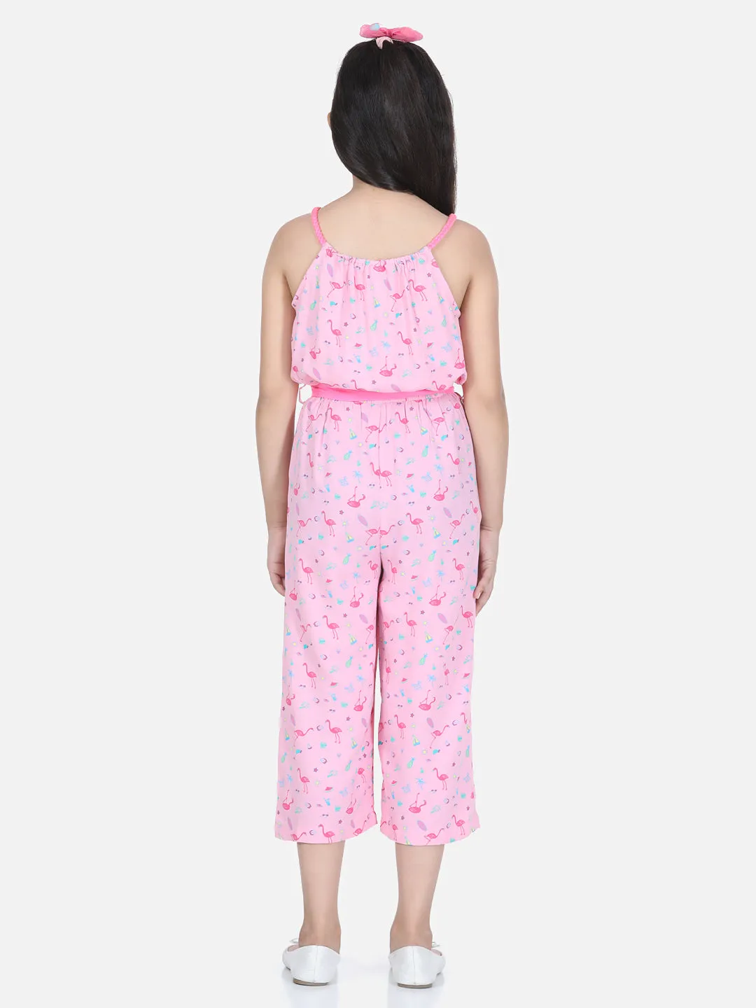 Girl's Flamingo Printed Jumpsuit With Pink Belt - StyleStone Kid