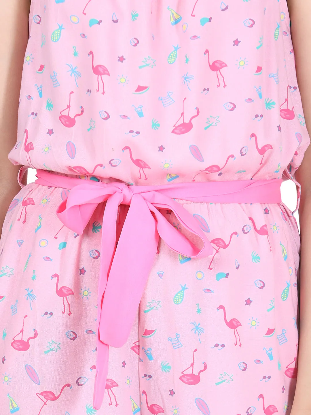 Girl's Flamingo Printed Jumpsuit With Pink Belt - StyleStone Kid