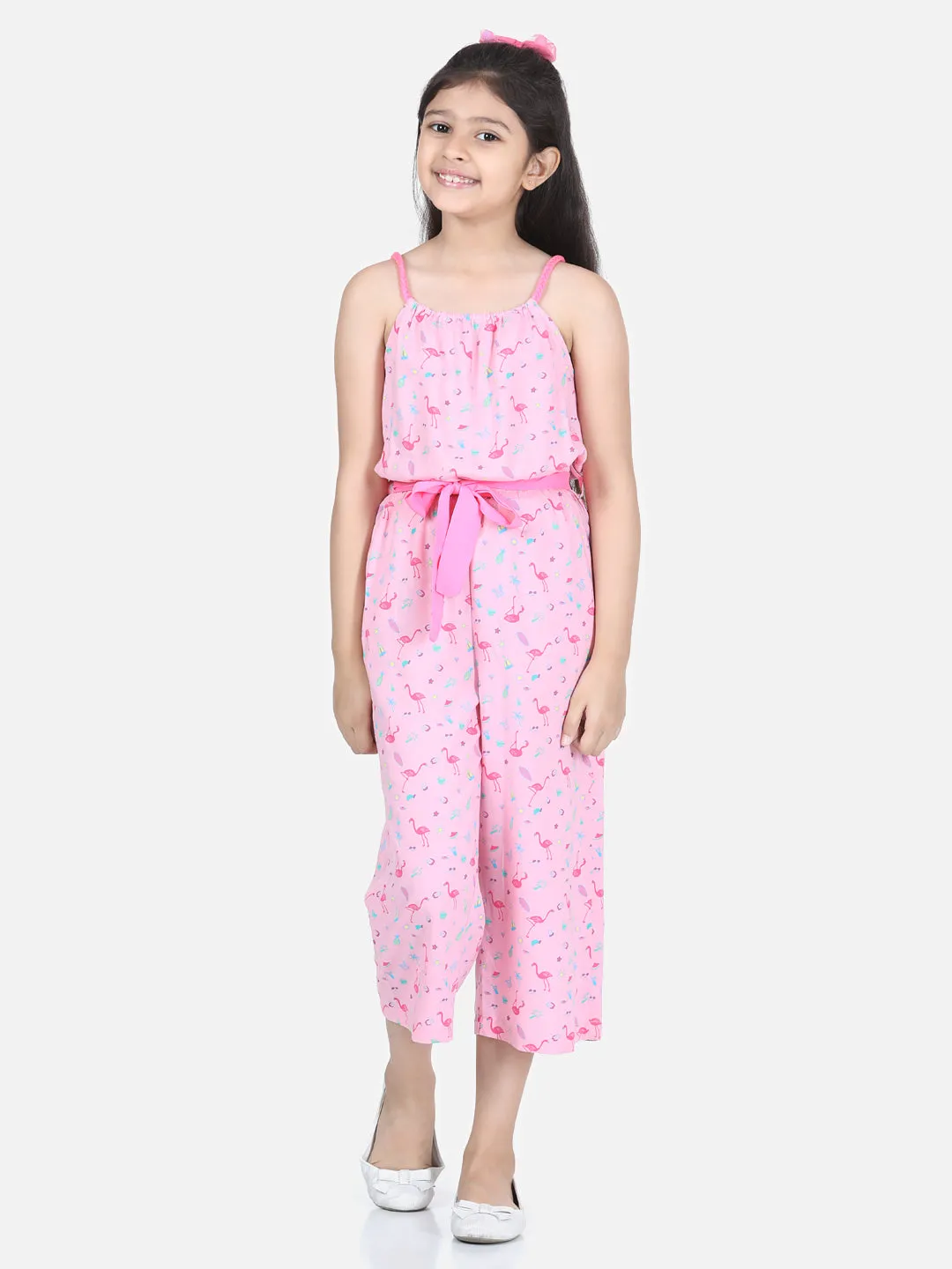 Girl's Flamingo Printed Jumpsuit With Pink Belt - StyleStone Kid