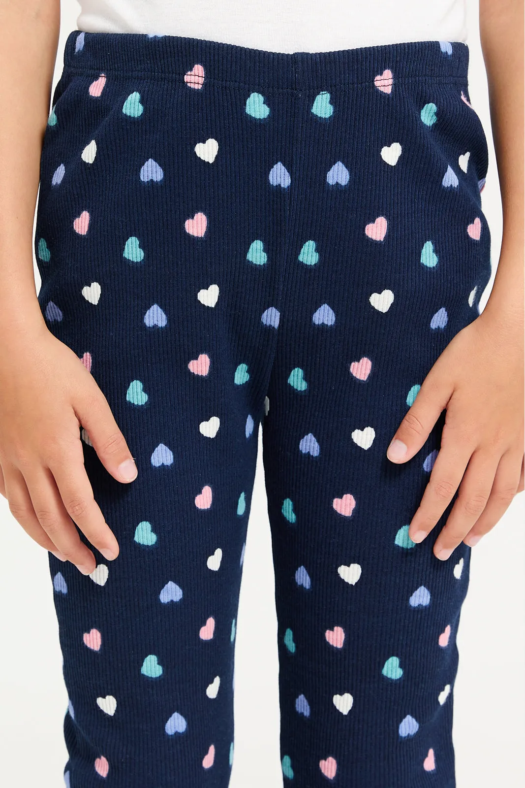 Girls Navy Heart Printed Leggings