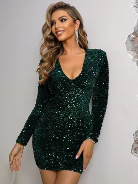 Glittering Green Plunge V-Neck Long Sleeves Sequin Dress