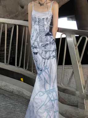 Graphic Printed Halter Sleeveless Long Dress