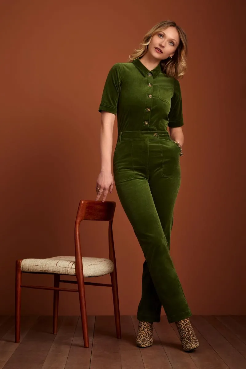 Groene jumpsuit met korte mouw | King Louie garbo button jumpsuit corduroy olive green