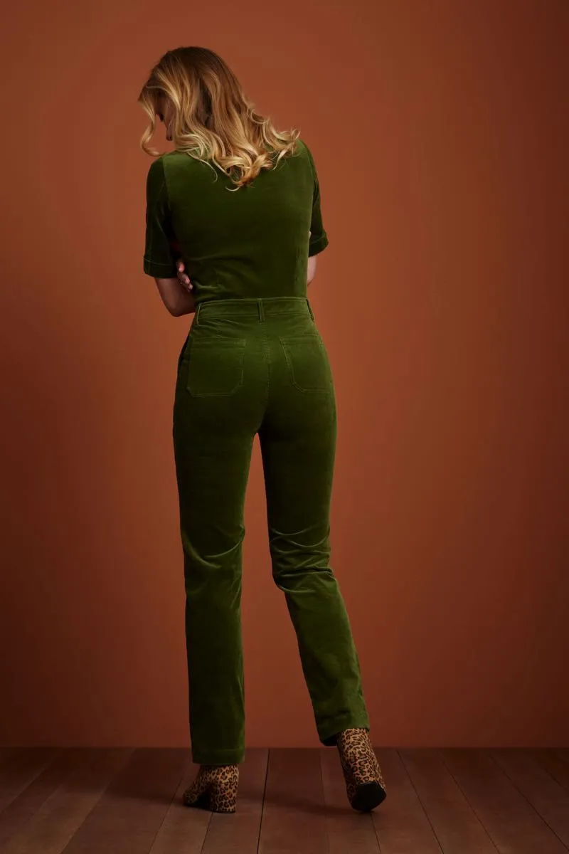 Groene jumpsuit met korte mouw | King Louie garbo button jumpsuit corduroy olive green