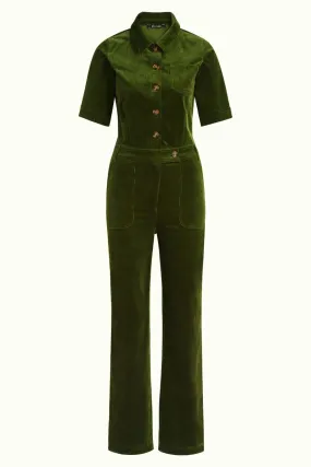 Groene jumpsuit met korte mouw | King Louie garbo button jumpsuit corduroy olive green