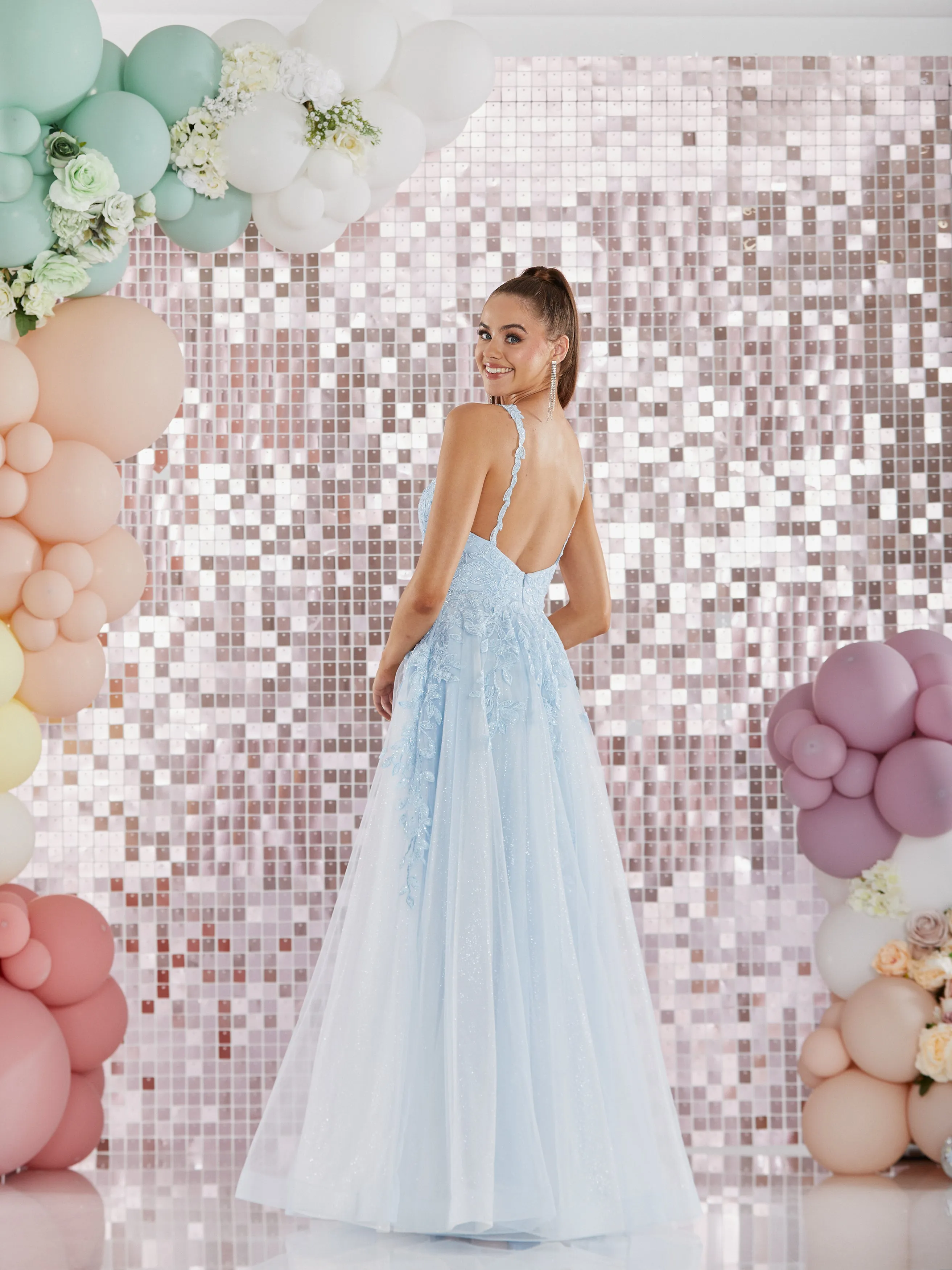 Hanna ballgown, prom dress by Tiffany’s lilac, mint and pale blue