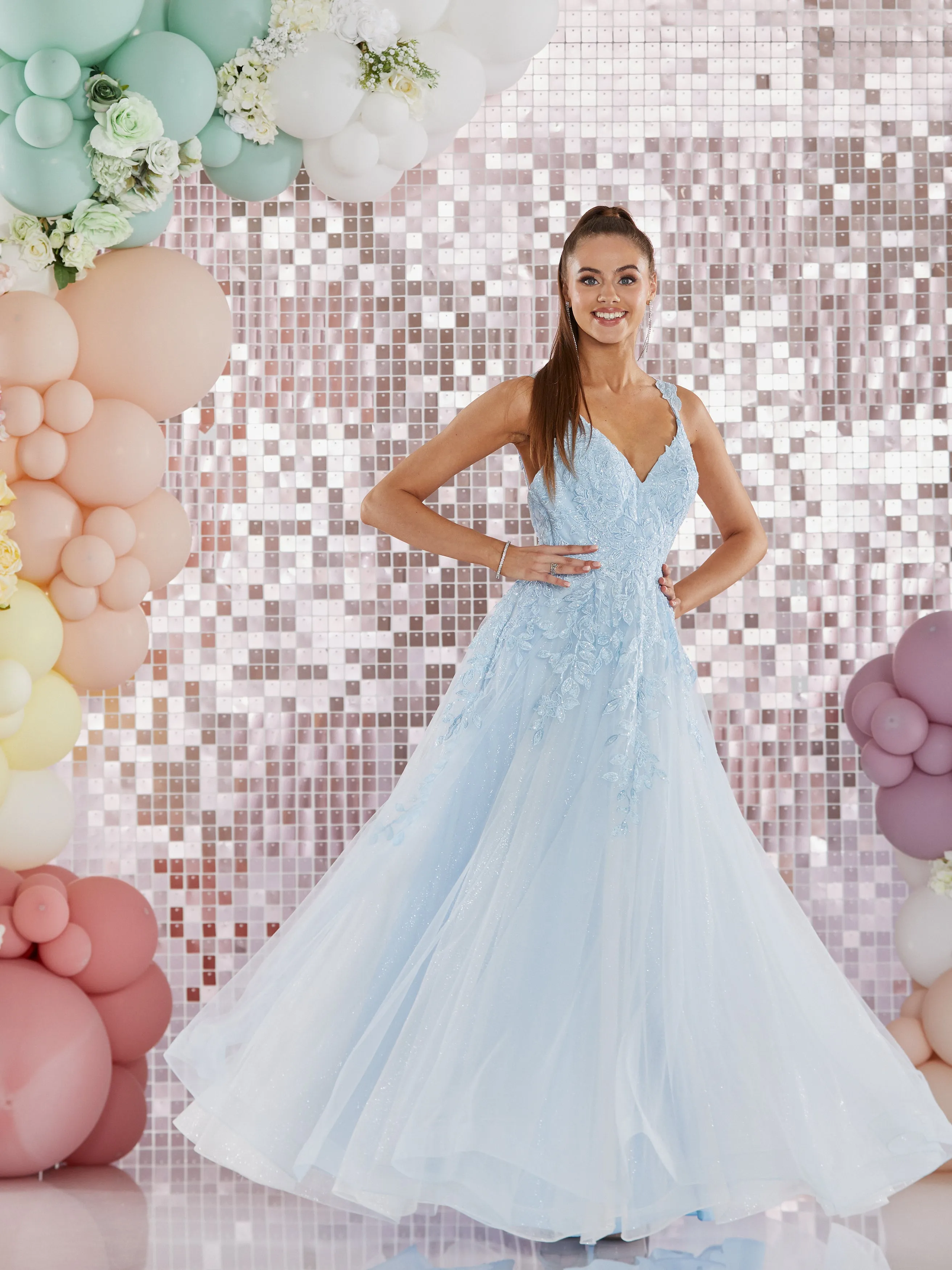 Hanna ballgown, prom dress by Tiffany’s lilac, mint and pale blue