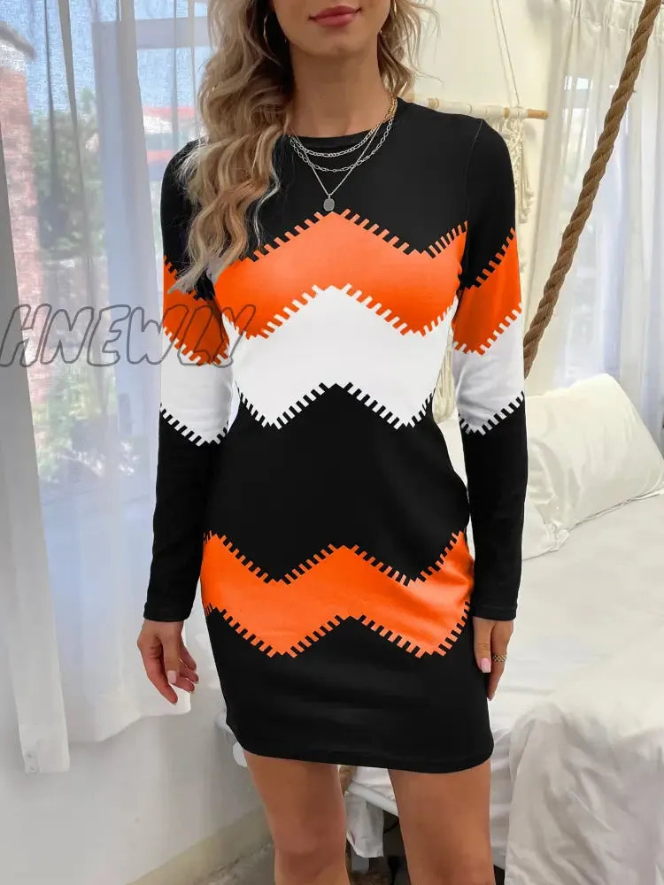 Hnewly Color Block Simple Dress, Casual Long Sleeve Bodycon Mini Dress, Women's Clothing