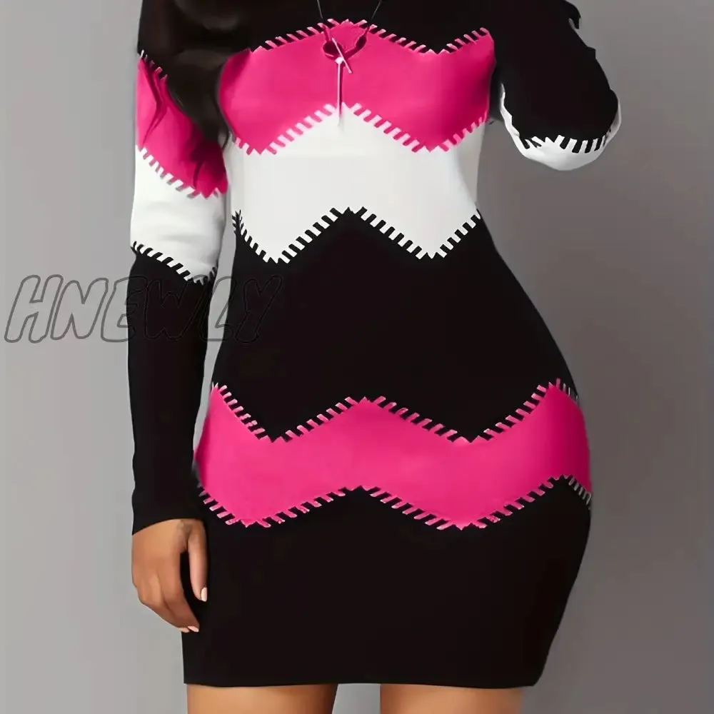 Hnewly Color Block Simple Dress, Casual Long Sleeve Bodycon Mini Dress, Women's Clothing