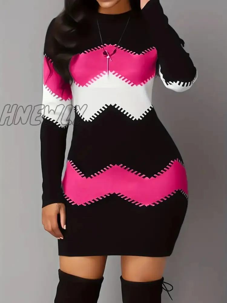 Hnewly Color Block Simple Dress, Casual Long Sleeve Bodycon Mini Dress, Women's Clothing