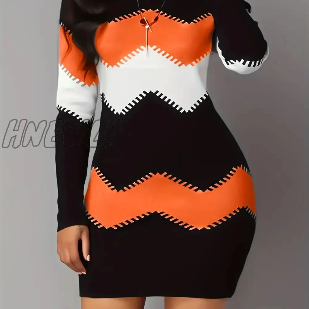 Hnewly Color Block Simple Dress, Casual Long Sleeve Bodycon Mini Dress, Women's Clothing