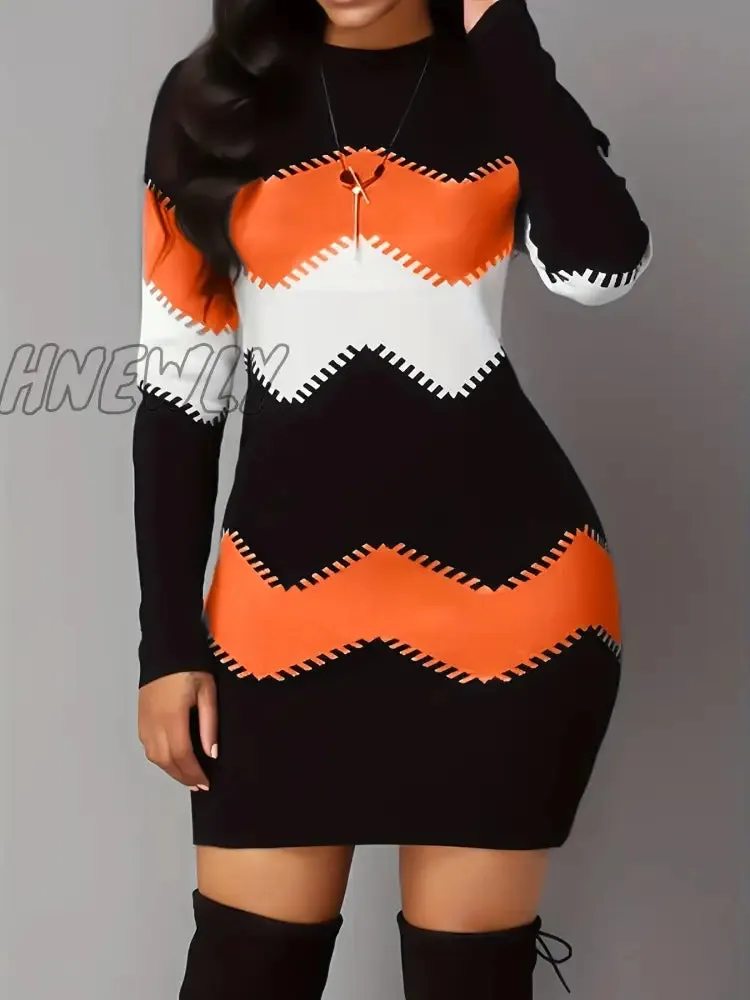 Hnewly Color Block Simple Dress, Casual Long Sleeve Bodycon Mini Dress, Women's Clothing