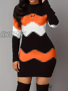 Hnewly Color Block Simple Dress, Casual Long Sleeve Bodycon Mini Dress, Women's Clothing