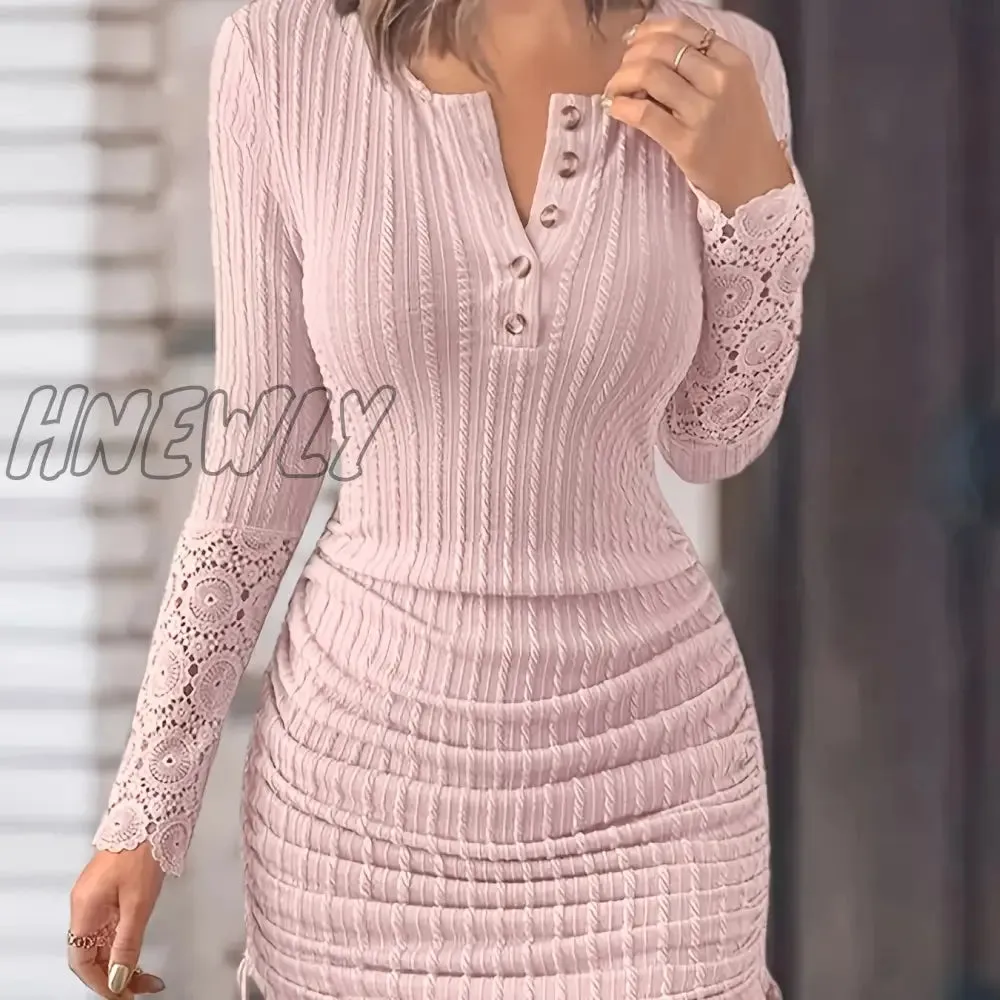 Hnewly Contrast Lace Half Button Dress, Elegant Long Sleeve Drawstring Bodycon Dress, Women's Clothing