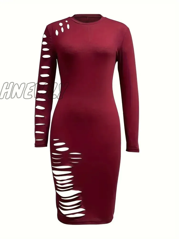 Hnewly Cut Out Bodycon Dress, Sexy Crew Neck Long Sleeve Dress, Women's Clothing