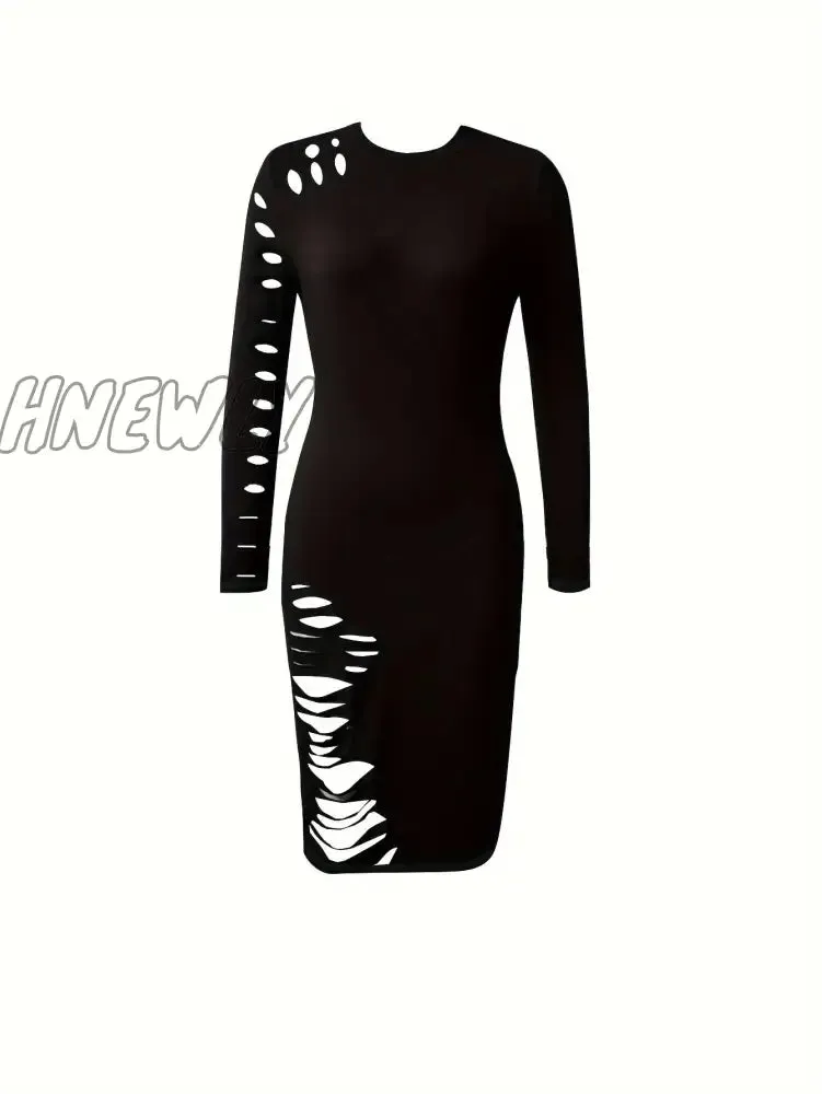 Hnewly Cut Out Bodycon Dress, Sexy Crew Neck Long Sleeve Dress, Women's Clothing