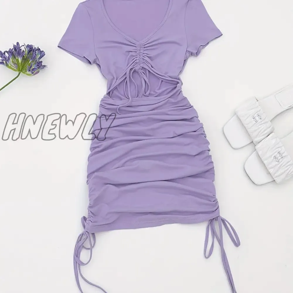 Hnewly Drawstring Cut Out Bodycon Dress, Sexy Short Sleeve Ruched Dress For Summer, Women's Clothing