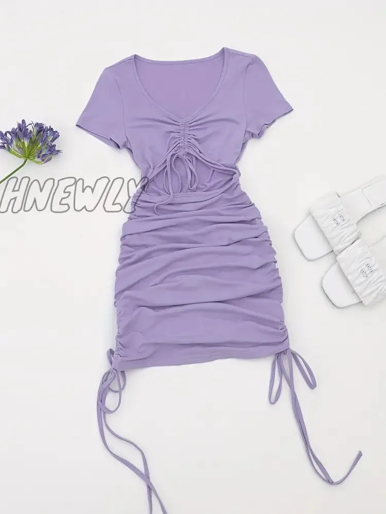 Hnewly Drawstring Cut Out Bodycon Dress, Sexy Short Sleeve Ruched Dress For Summer, Women's Clothing