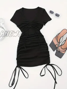 Hnewly Drawstring Cut Out Bodycon Dress, Sexy Short Sleeve Ruched Dress For Summer, Women's Clothing