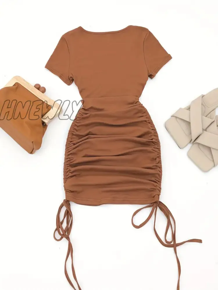 Hnewly Drawstring Cut Out Bodycon Dress, Sexy Short Sleeve Ruched Dress For Summer, Women's Clothing