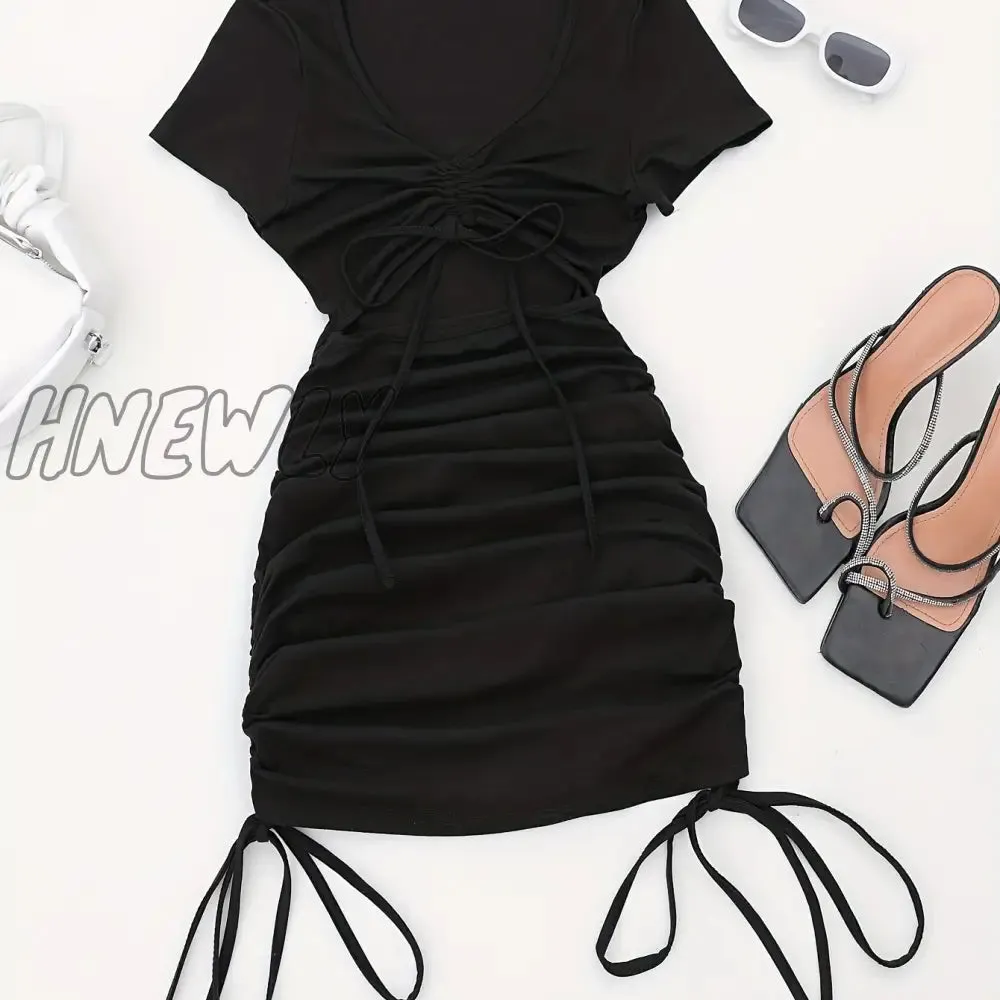 Hnewly Drawstring Cut Out Bodycon Dress, Sexy Short Sleeve Ruched Dress For Summer, Women's Clothing