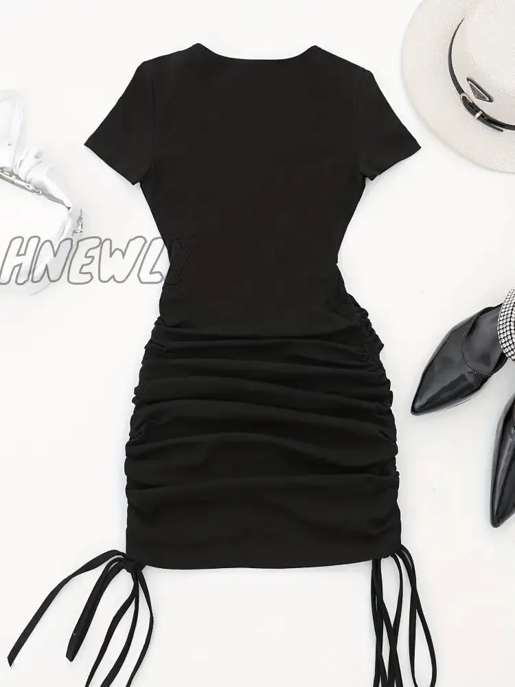 Hnewly Drawstring Cut Out Bodycon Dress, Sexy Short Sleeve Ruched Dress For Summer, Women's Clothing