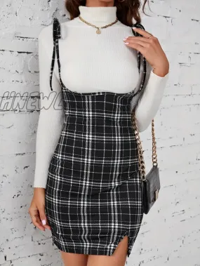 Hnewly Plaid Print Overall Dress, Sexy Spaghetti Strap Bodycon Split Dress, Women's Clothing